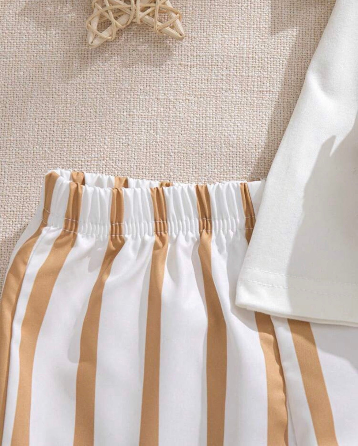 3-Piece Baby White Graphic Tee,Striped Shorts&Crossbody Bag