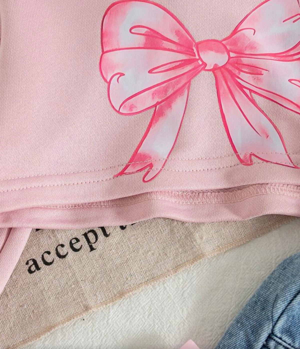 3pcs/Set Casual American Pink Bow Print Hoodie Sweatshirt, Solid Color Camisole, And Bowknot Straight Leg Jeans