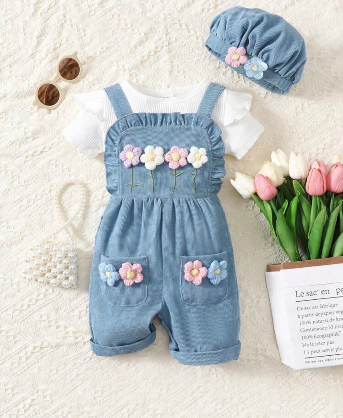 Wide Strap Floral Embroidered Romper With Pockets, Matched With Cap