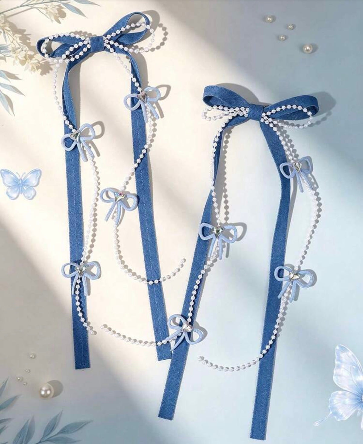 2pcs Blue Long Ribbon Hair Bows