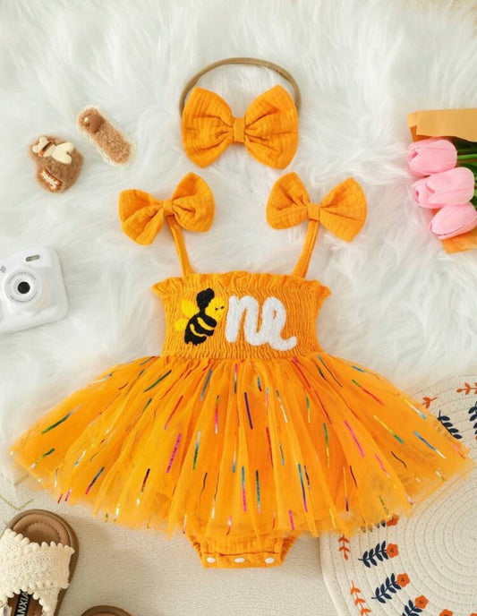 2pcs/Set,Letter Embroidery Bow Strap Tank Top Gradient Striped Print Tulle Dress Romper And Headband
