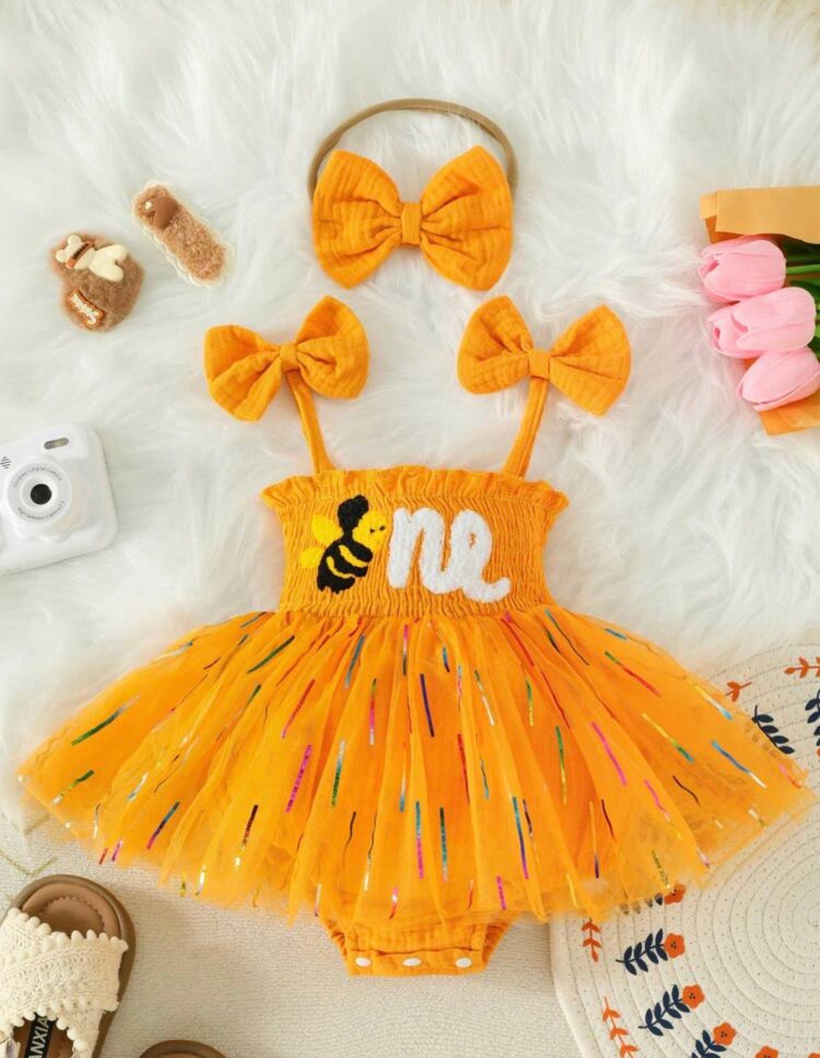 2pcs/Set,Letter Embroidery Bow Strap Tank Top Gradient Striped Print Tulle Dress Romper And Headband