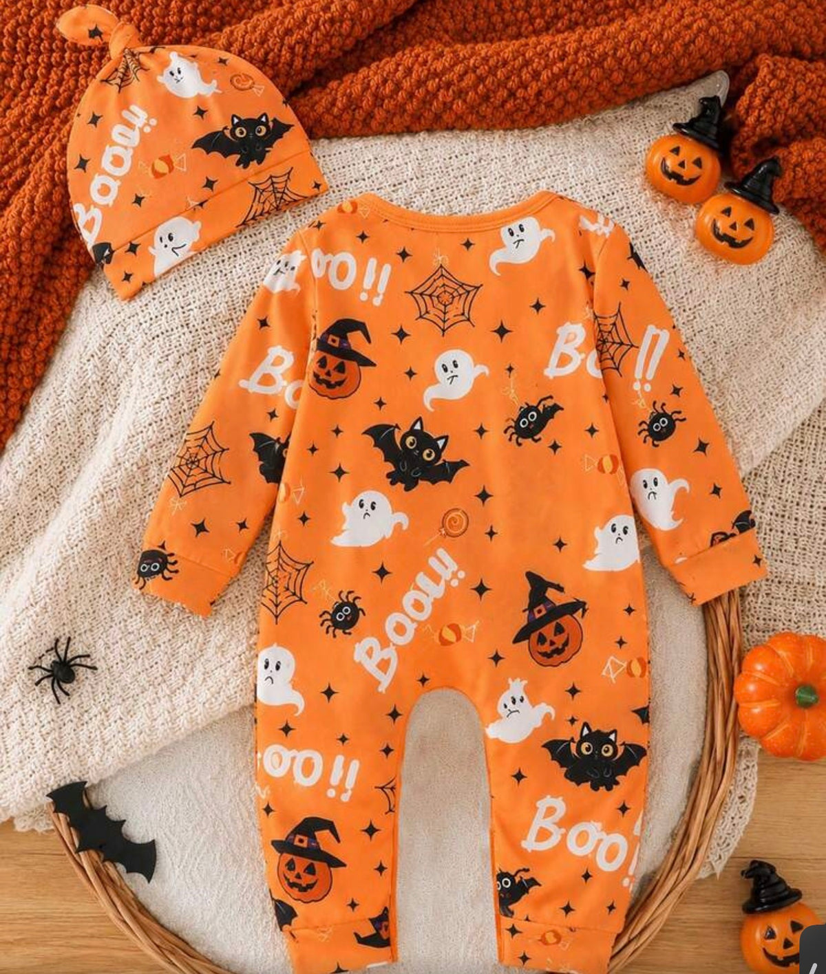 2pcs Toddler Newborn Baby Boy Ghost Pumpkin All-Over Print Halloween Party Crew Neck Long Sleeve Cuffed Jumpsuit With Hat