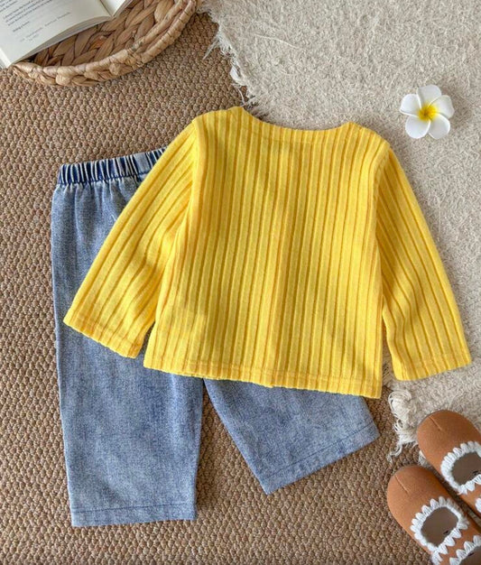 2pcs Ribbed Knit Denim pant Long Sleeve Round Neck shirt
