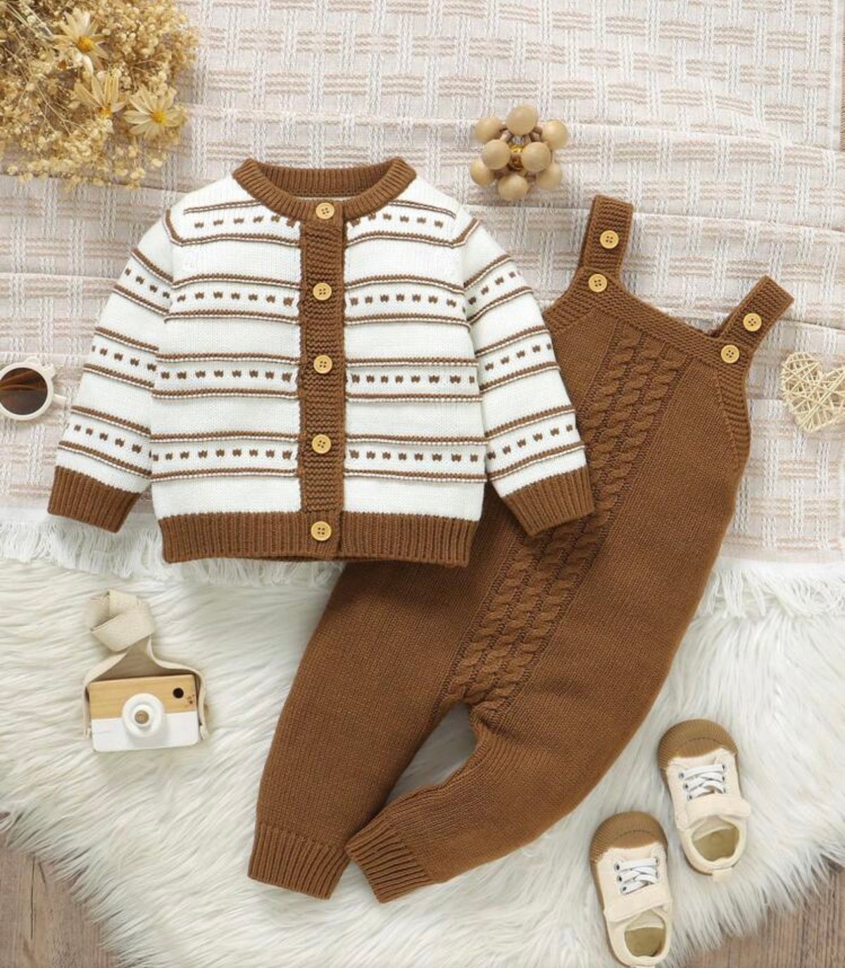 2pcs Knit Sweater Set,Brown And White Polka Dot