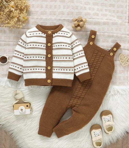 2pcs Knit Sweater Set,Brown And White Polka Dot