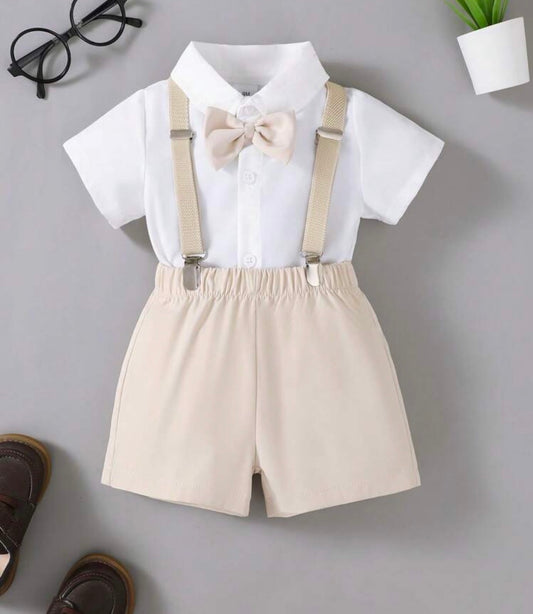 2pcs Suit Set - Bow Tie Casual Short Sleeve Shirt & Bib Shorts