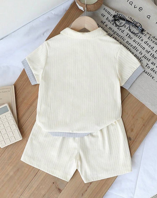 2pcs/Set Textured Fabric Contrast Color Cardigan Shirt & Shorts Set