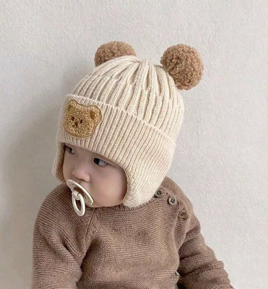 1pc Cute Bear Ear Protection Knitted Baby Hat, Winter
