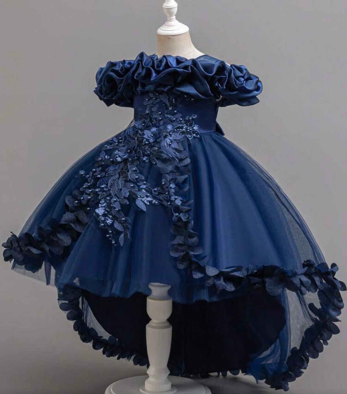 Lace Beaded Floral Petal Elegant Asymmetric Hem Flower Girl Wedding Party Princess Dress