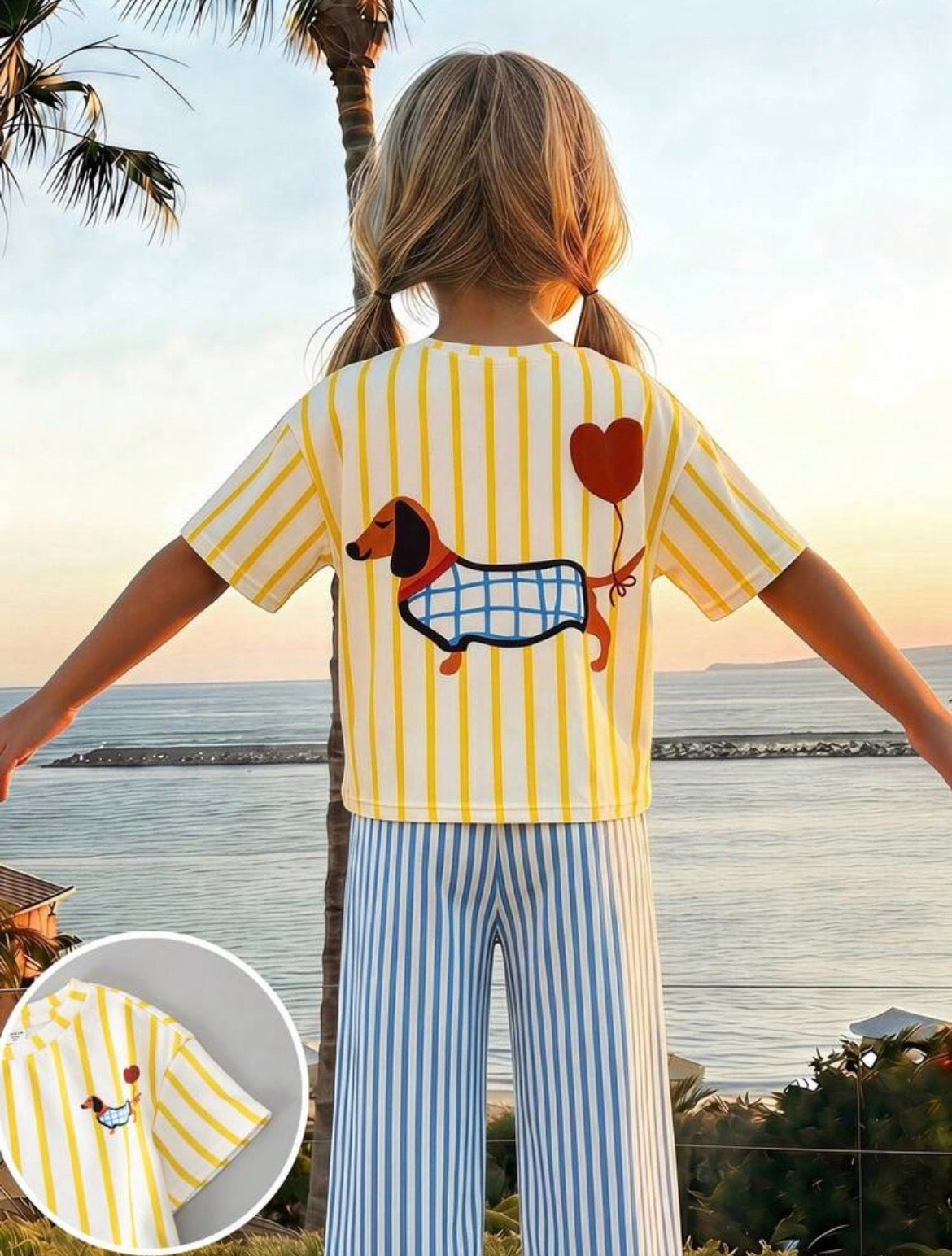 Vintage Graphic Print Casual Striped T-Shirt And Shorts