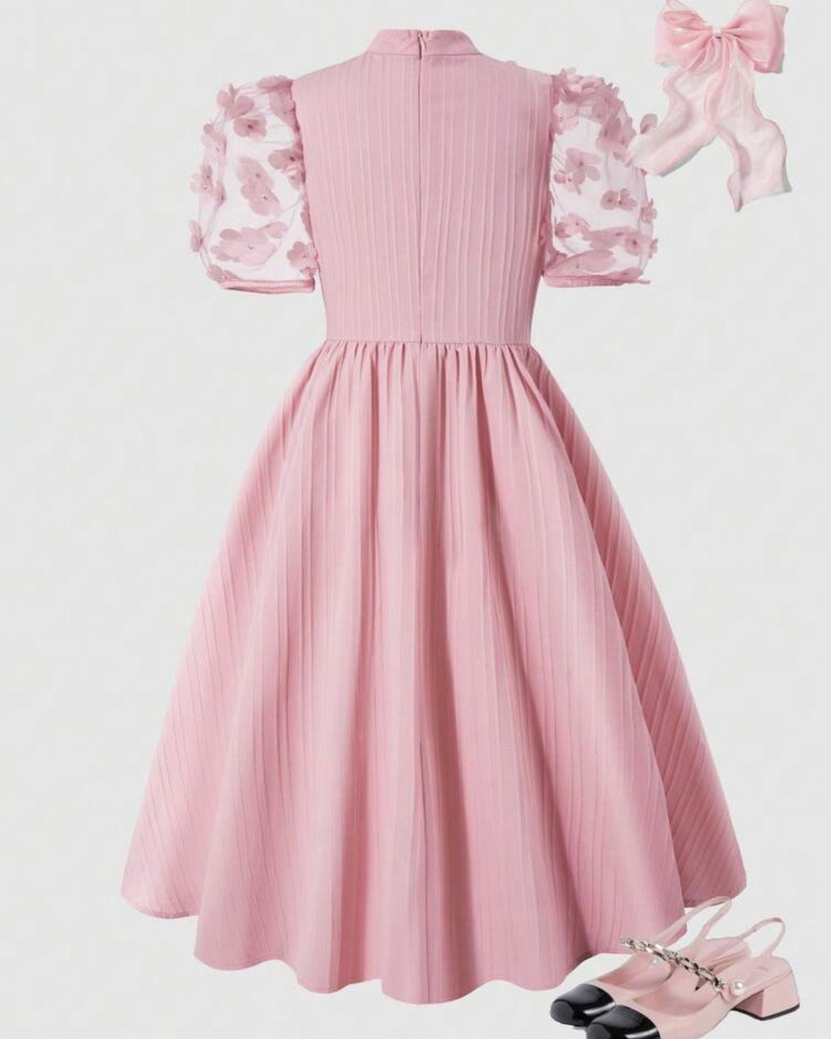Pink Textured  Dress With Pearl Beaded Sleeves, Hollow Bowknot Decor