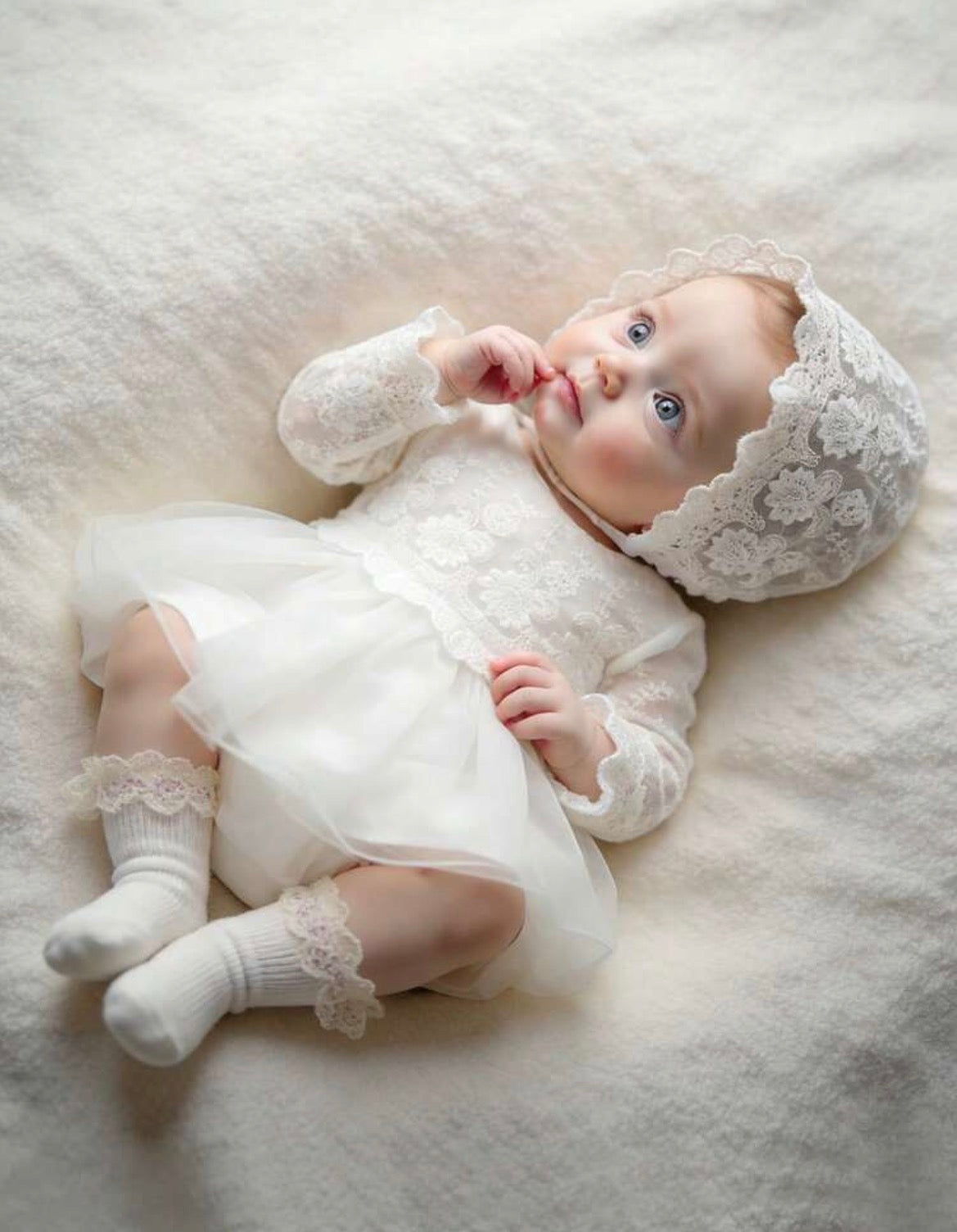 White Lace Dress,2 Pieces Puff-Sleeve Mesh Round Neck Fitted Christening Gown & Hat