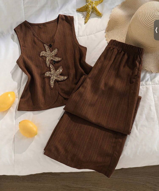 2pcs/Set V-Neck Vest Paired With Wide-Leg Pants