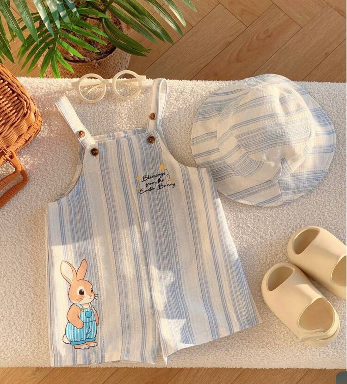 2pcs/Set Versatile Khaki Striped Bib Shorts With Matching Hat