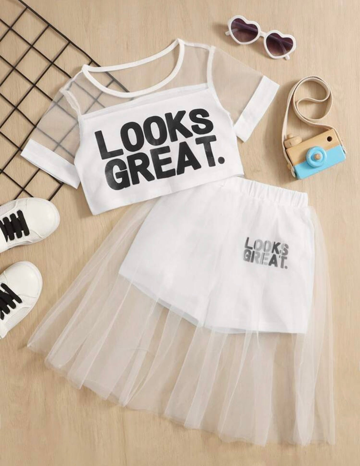 Slogan Graphic Contrast Mesh Tee & Skort