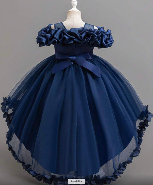 Lace Beaded Floral Petal Elegant Asymmetric Hem Flower Girl Wedding Party Princess Dress