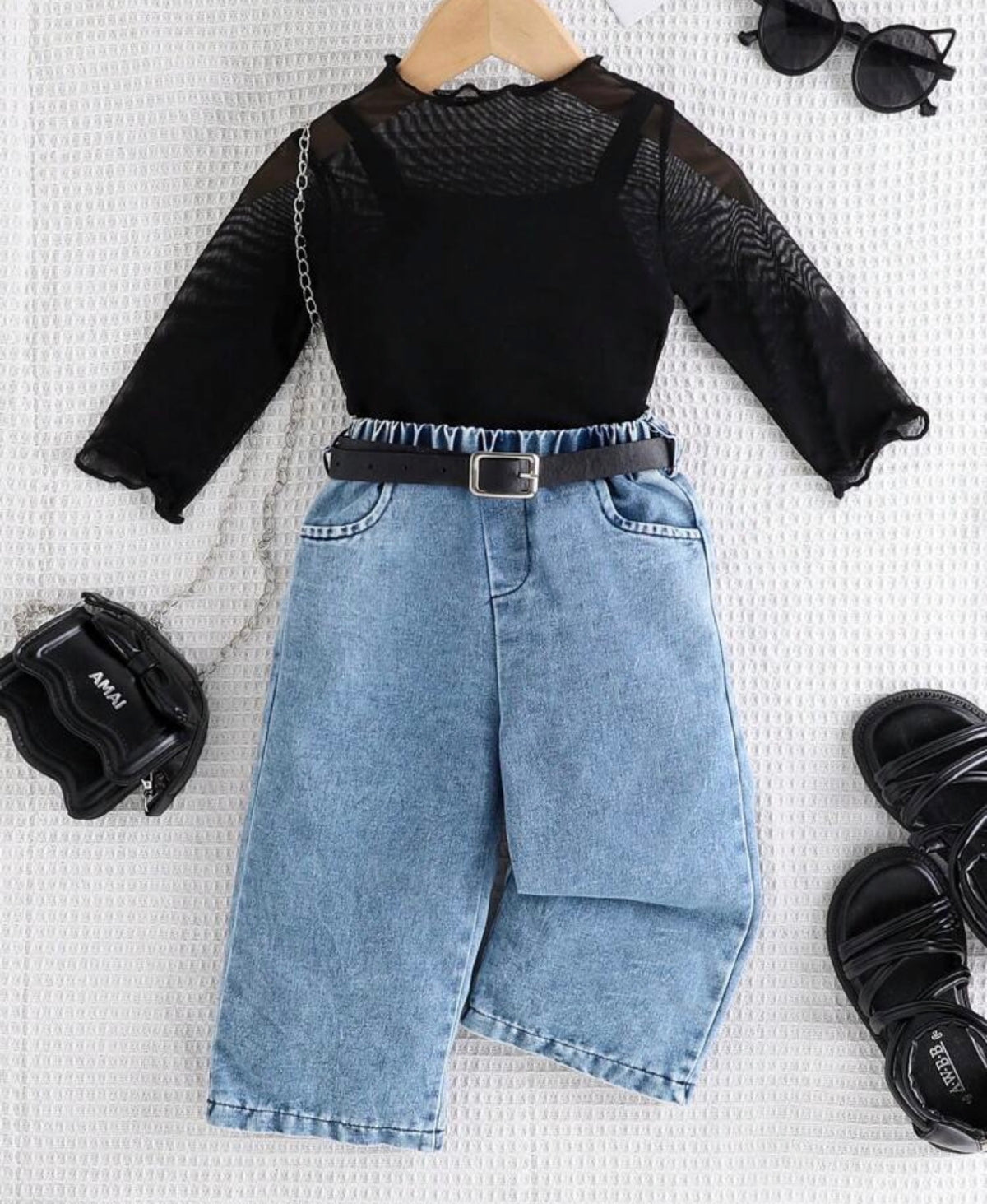 3pcs/Set Black Mesh Top, Matching Black Camisole, Blue Denim Pants