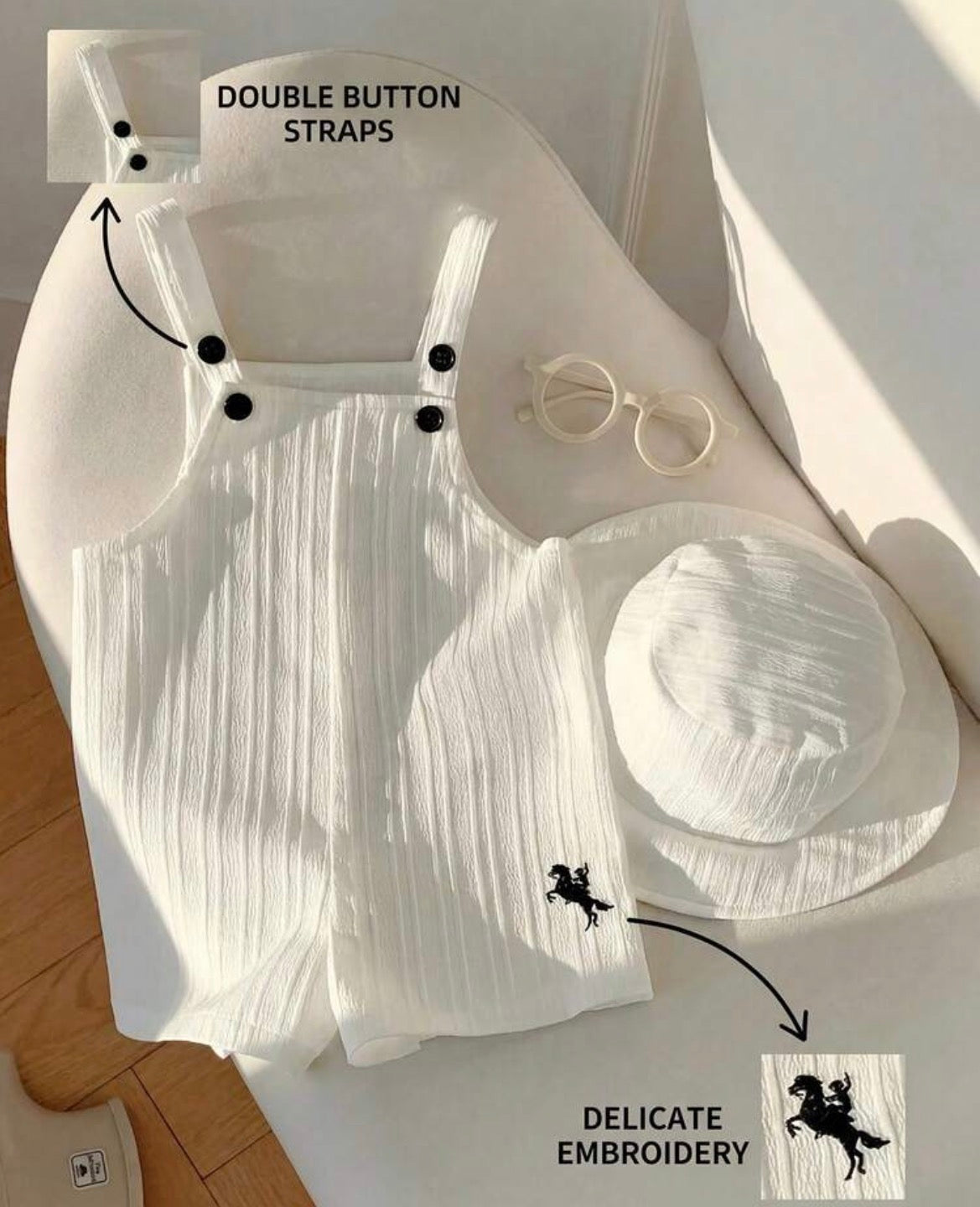 Casual Versatile White Romper With Bib Pants And Sun Hat Set