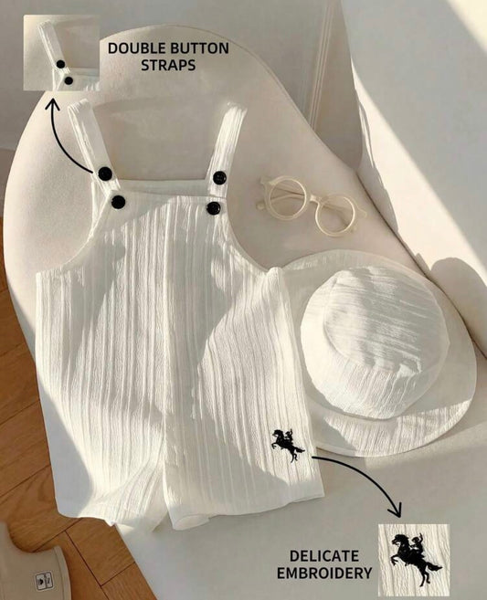 Casual Versatile White Romper With Bib Pants And Sun Hat Set