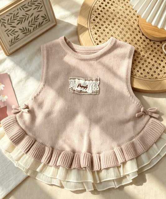 Solid Color Mesh Patchwork Hem Knit Vest With Side Bow Decoration Embroidery Applique Sweater