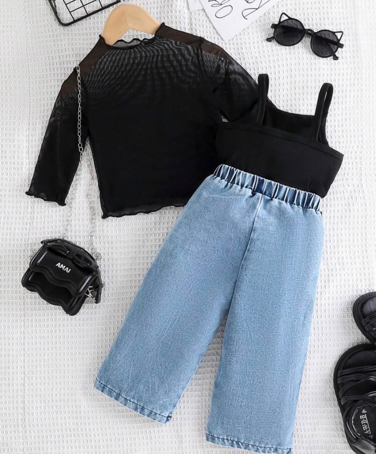 3pcs/Set Black Mesh Top, Matching Black Camisole, Blue Denim Pants