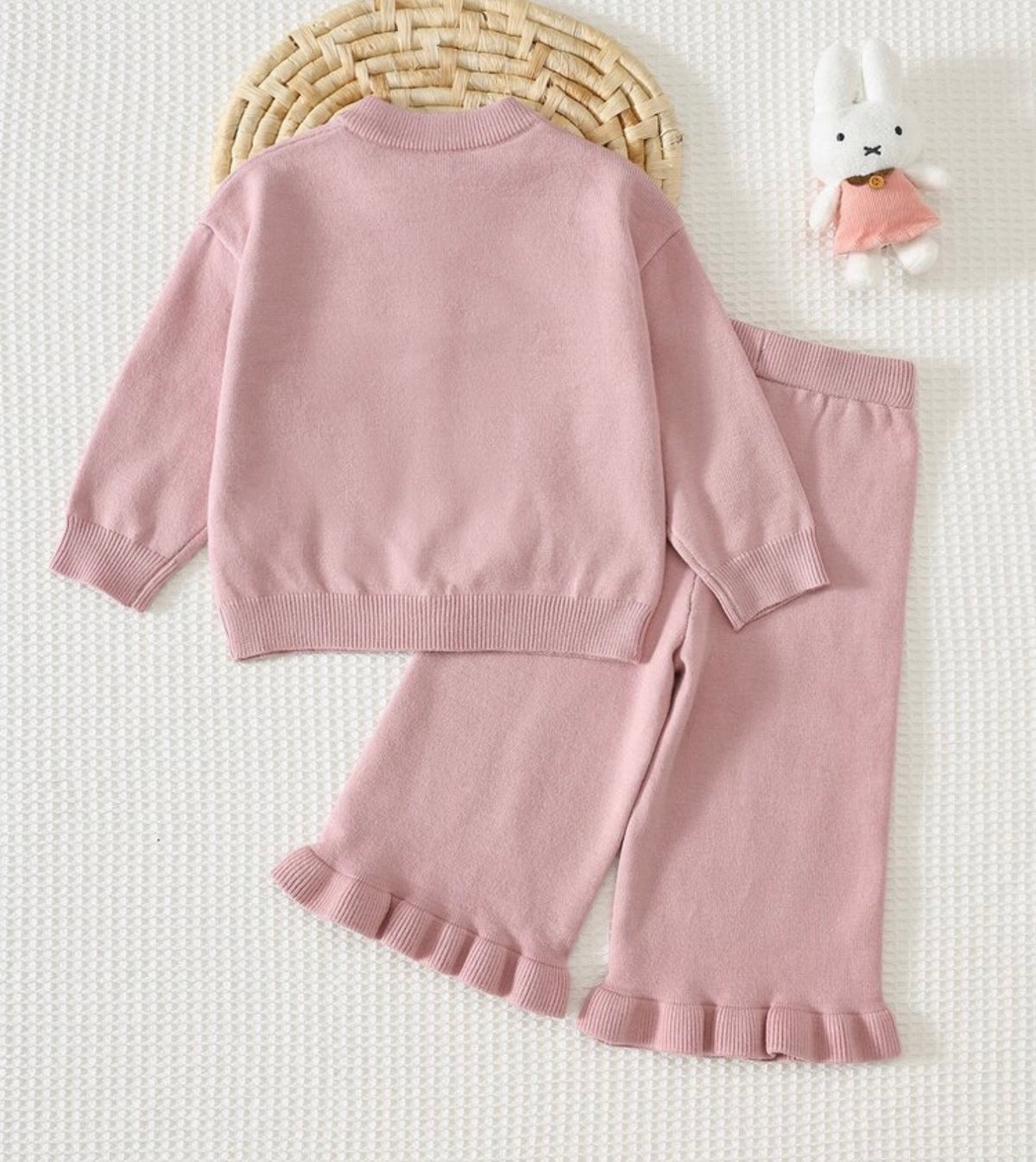 Rabbit Pattern 3D Bow Knitted Long Sleeve Button-Up Top Elastic Waist Long Pants 2-Piece Set