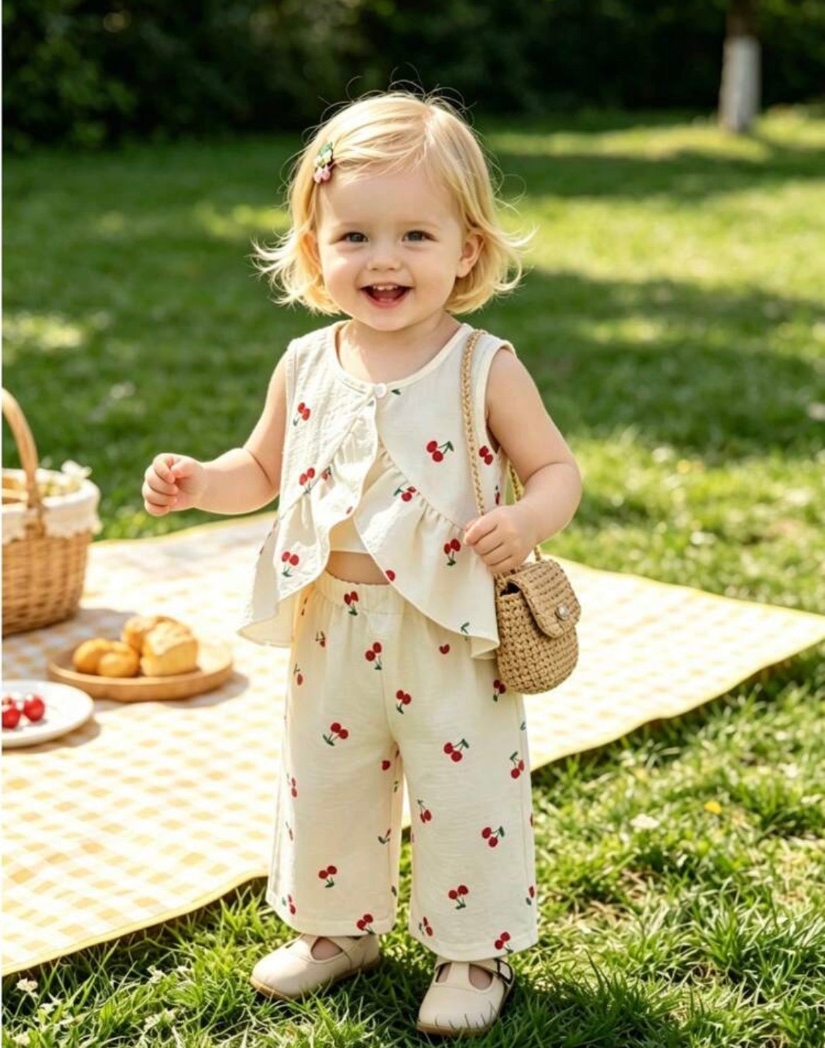 Cherry Print Sleeveless Cardigan + Elastic Waist Cherry Print Casual Pants