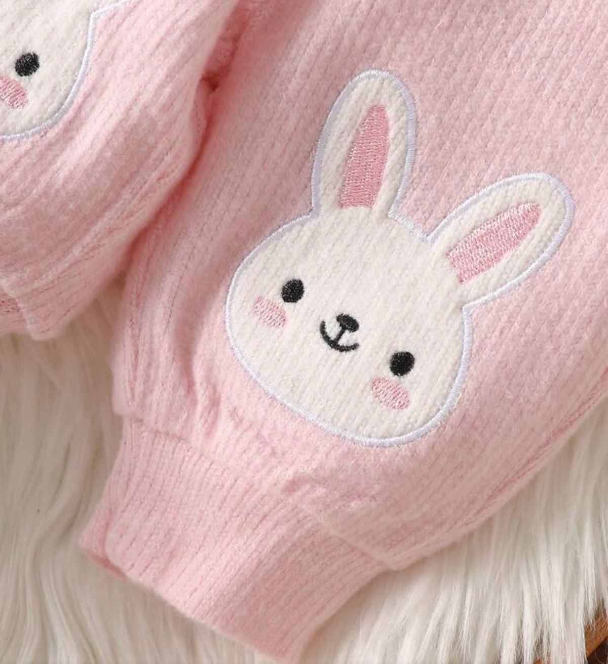 Pink Cute Rabbit Embroidered Long Sleeved Two Pieces Set