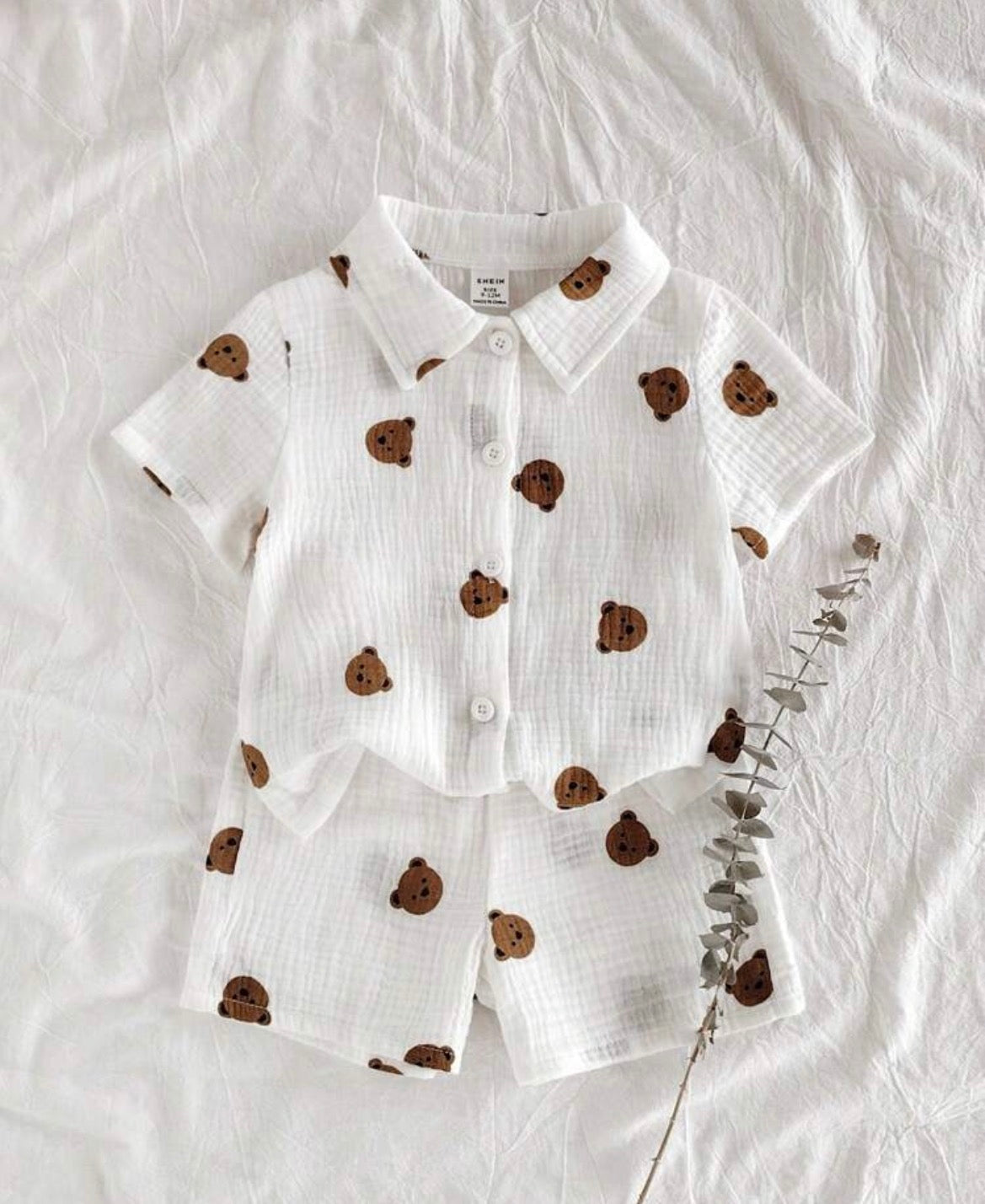 Cartoon Bear Print Short Sleeve Single-Breasted Top And Shorts