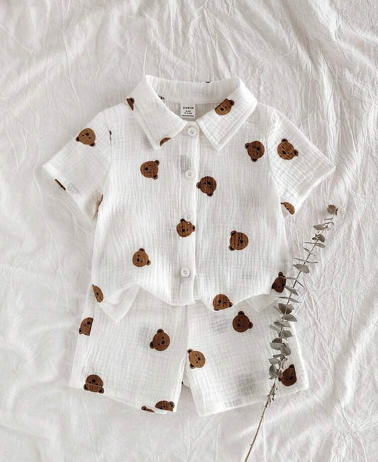 Cartoon Bear Print Short Sleeve Single-Breasted Top And Shorts