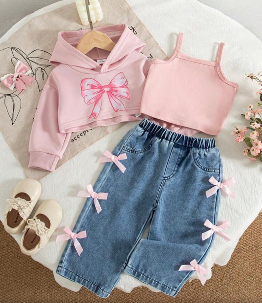 3pcs/Set Casual American Pink Bow Print Hoodie Sweatshirt, Solid Color Camisole, And Bowknot Straight Leg Jeans