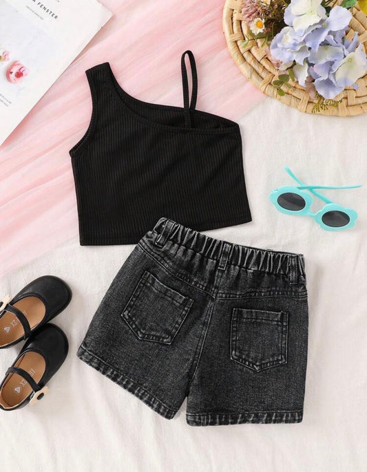 Modest Solid Color Asymmetric Neck Camisole And Wrap Skirt Shorts Beach Black