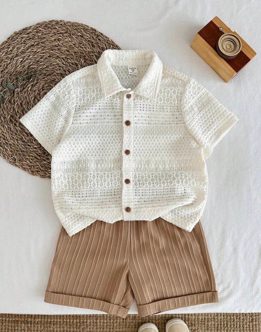 2pcs Short Sleeve White Shirt And Brown Shorts,