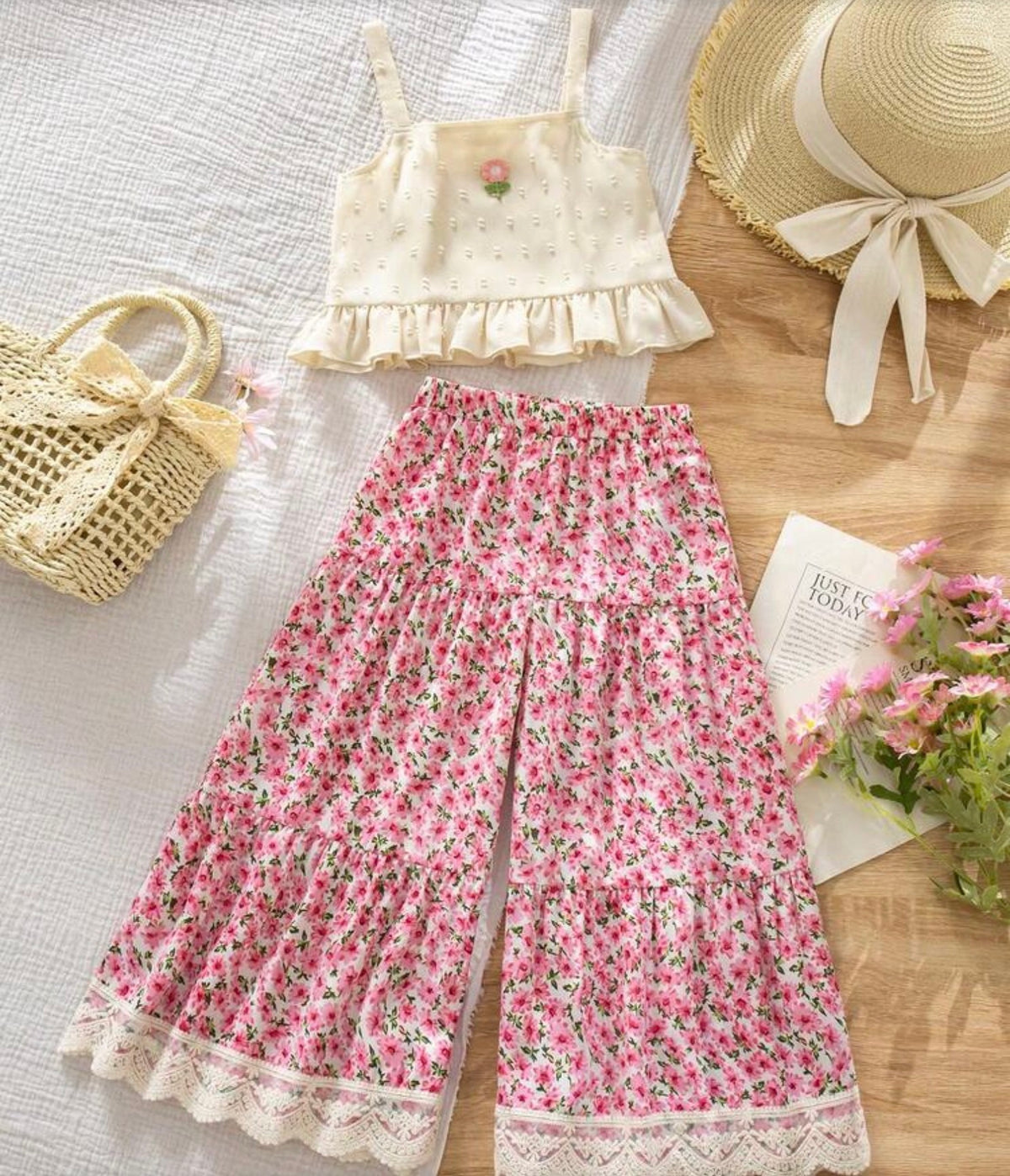 2pcs Woven Floral Applique Casual Vest And Ditsy Floral Pants