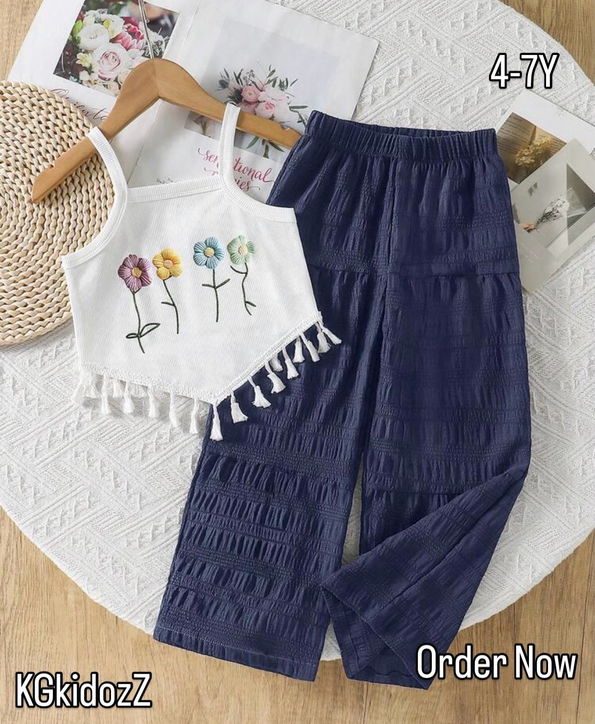 2pcs/Set 3D Embroidery Decor Camisole With Asymmetrical Hem Casual Pants