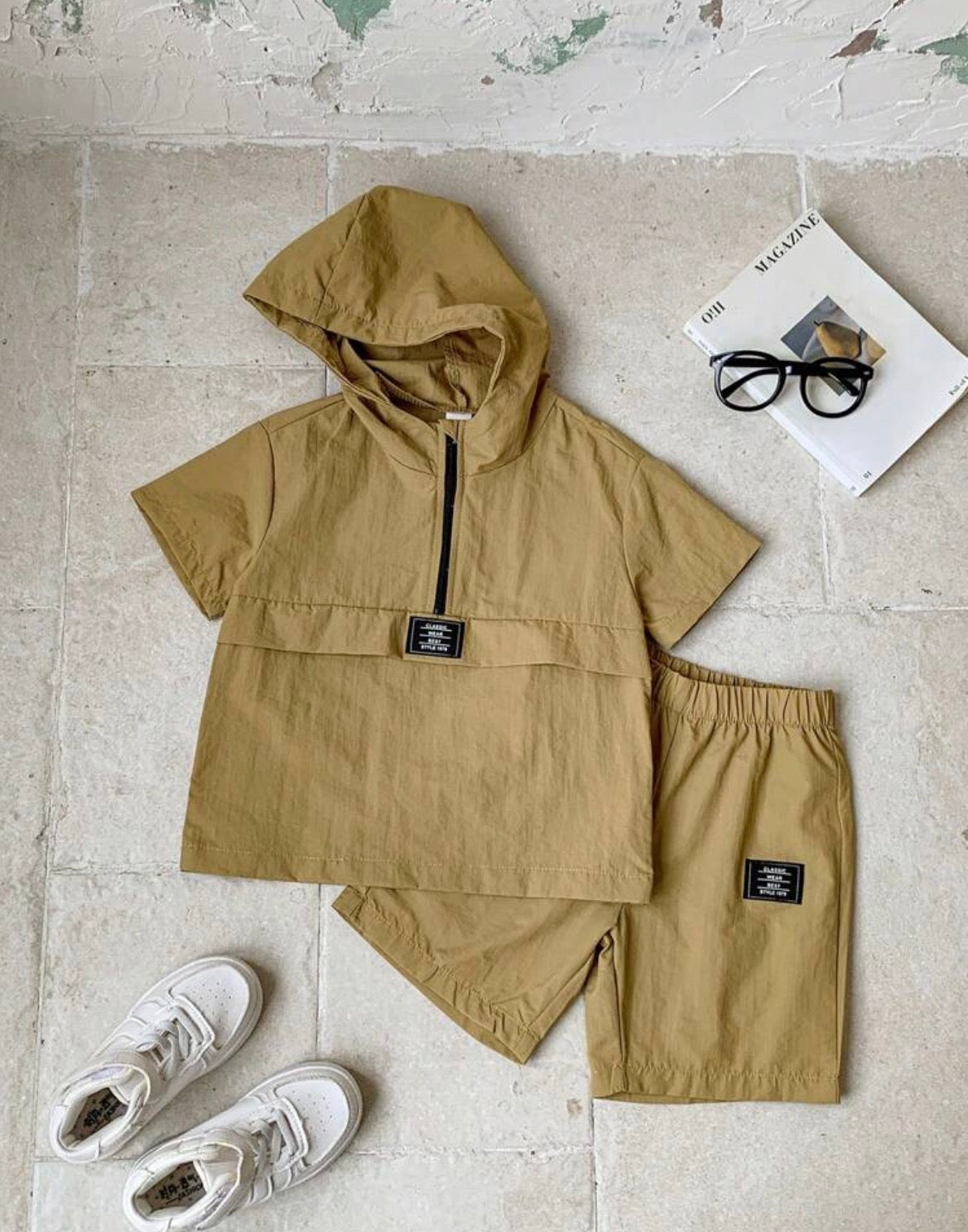 2 Pieces Hooded Jacket With Letter Print And Elastic Waist Shorts