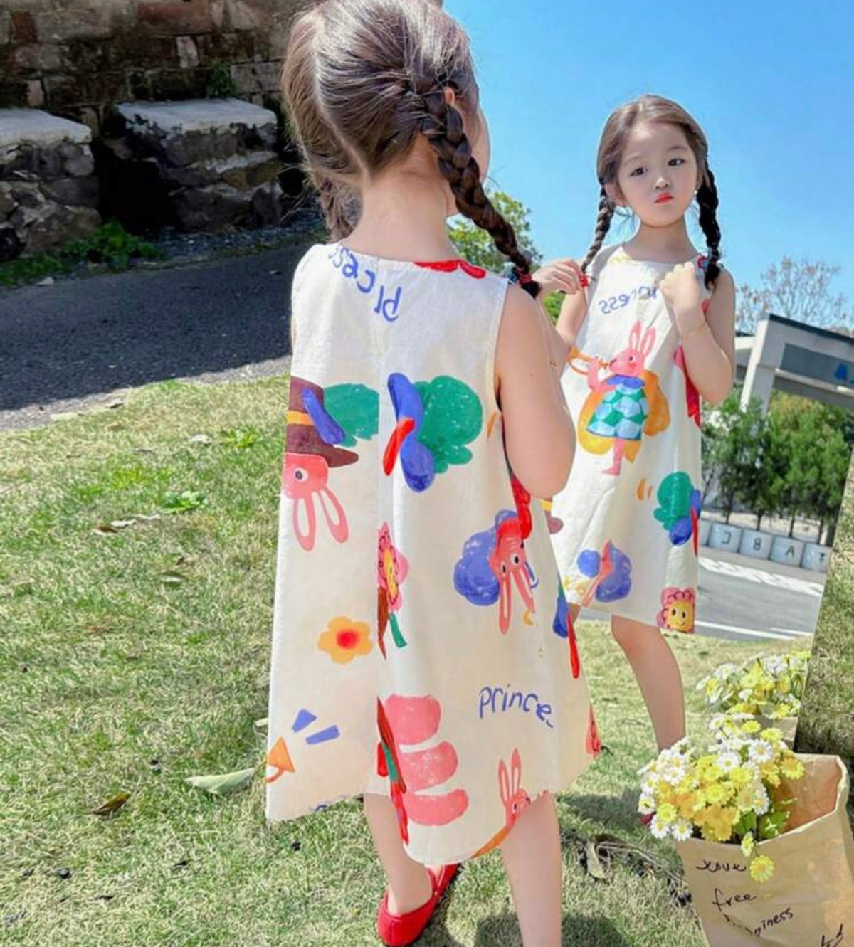 [100% Cotton] Sleeveless Cotton Cartoon Print A-Line Dress