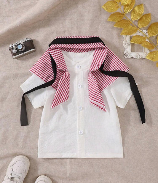 3pcs Casual Plaid Shirt & Headscarf Set; 1pc Baby Boy Stylish Long Solid Color Shirt With Detachable Headband