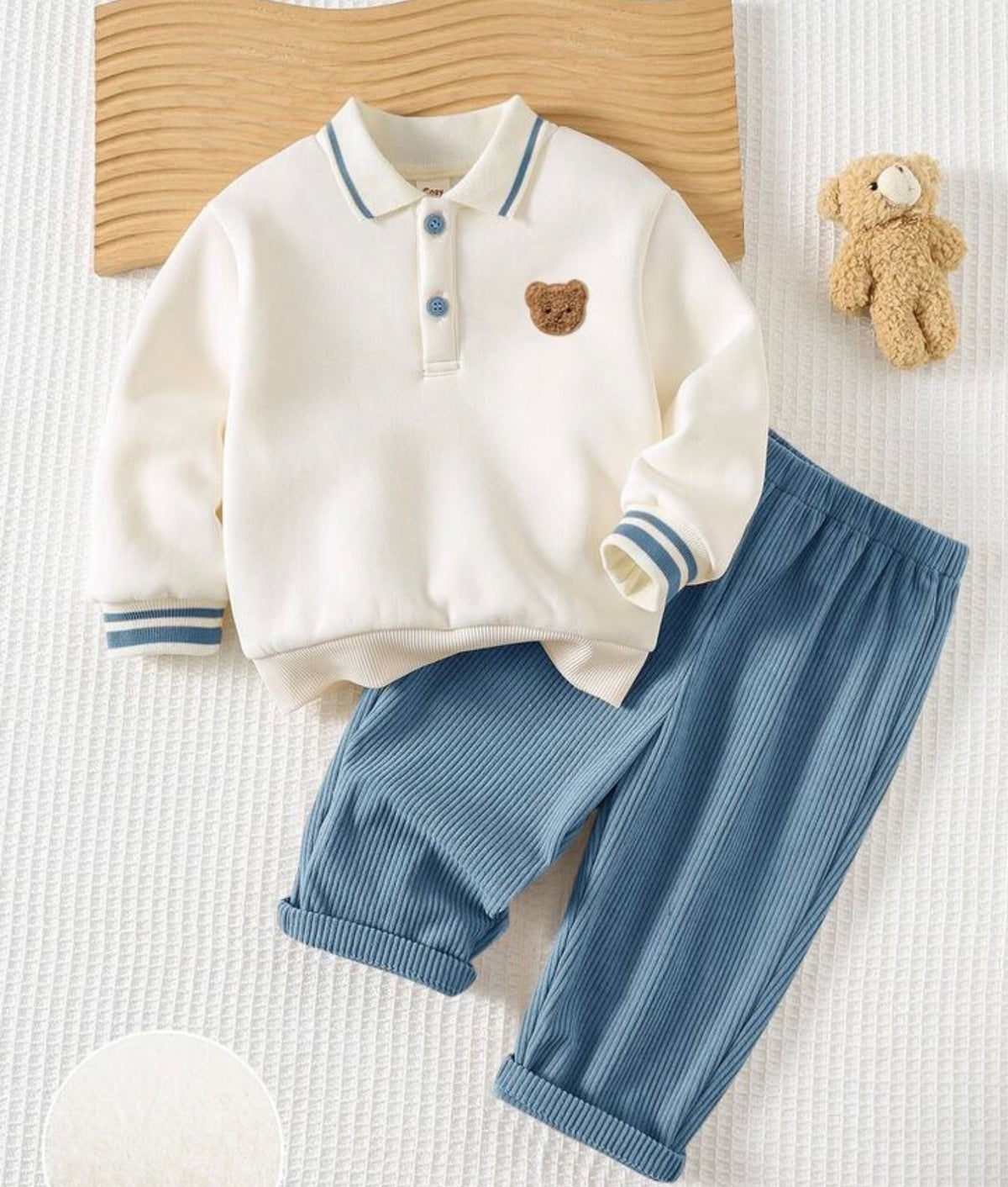 Winter Cartoon Bear Kids Patch Long Sleeve Polo Shirt And Long Pants