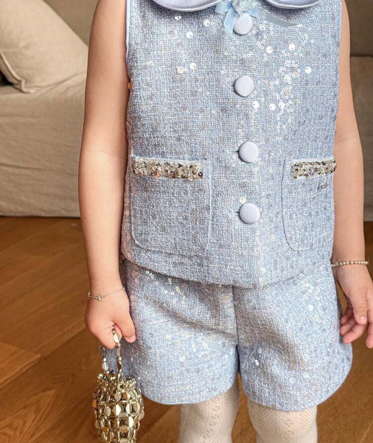 Peter Pan Collar Sophisticated Blue Vest & Shorts 2 Pieces