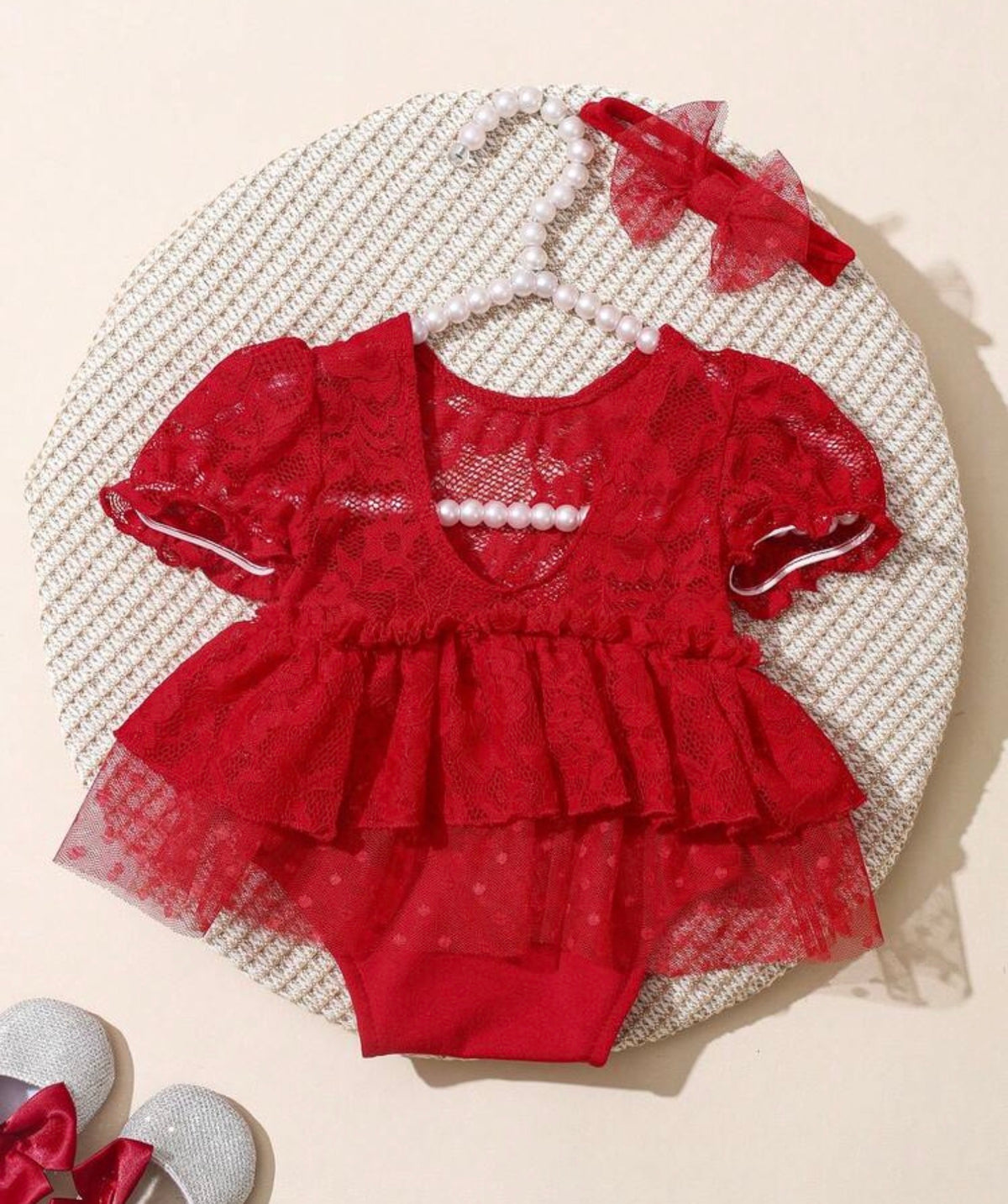 Newborn Baby Girl Red Lace Romper Photography Outfits