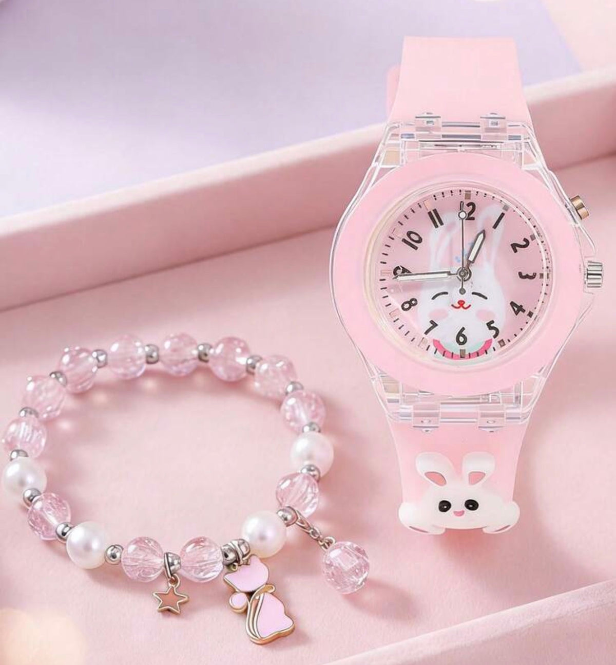 2pcs/Set Girls Glowing Watch, Cartoon Rabbit Quartz Watch And Beaded Cat Chain (No Box)