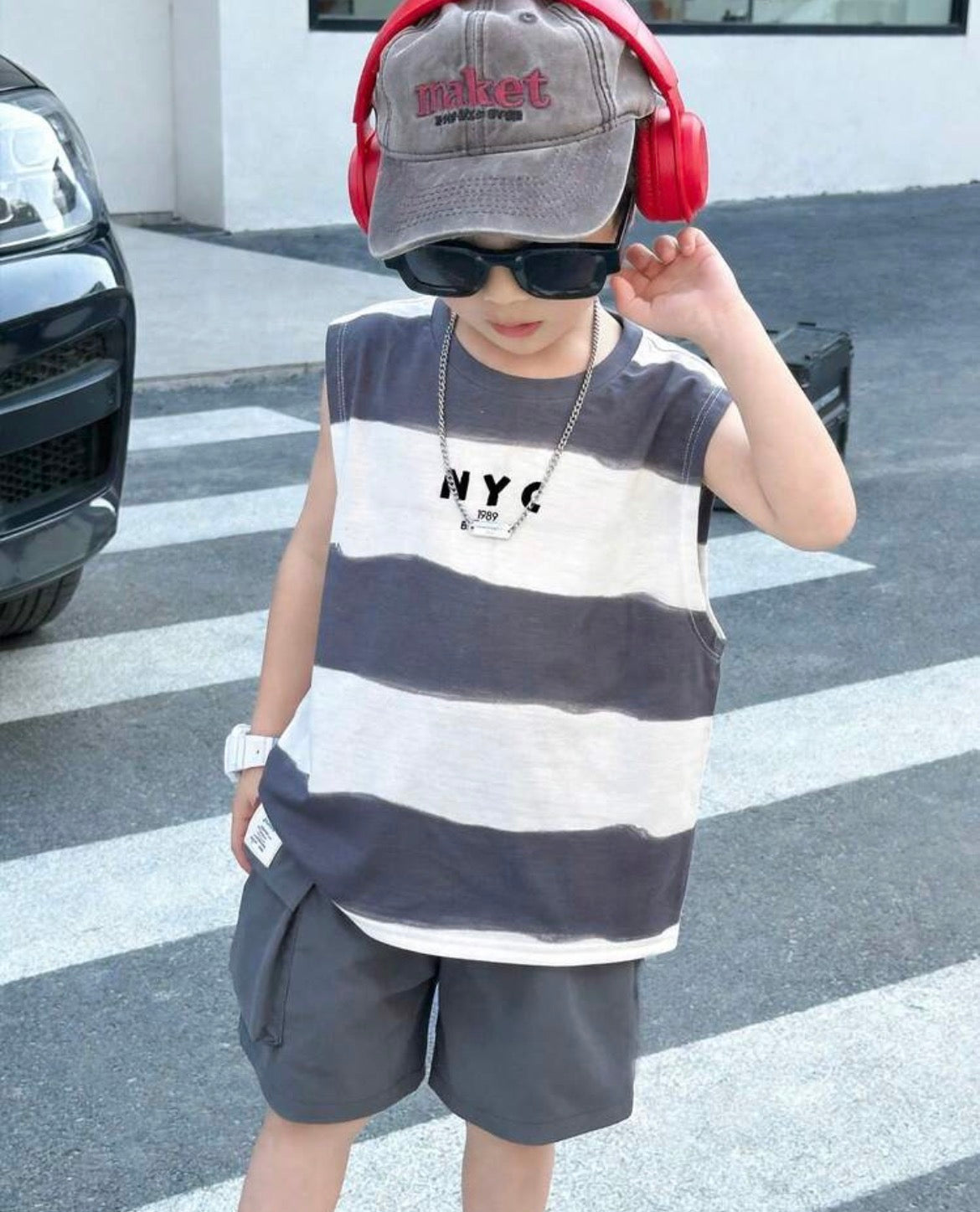 Korean Style Striped & Graphic Print Tank Top And Cargo Shorts