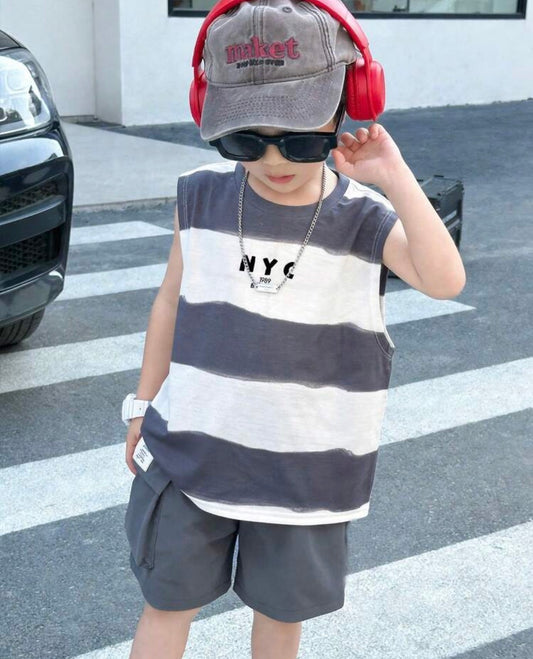 Korean Style Striped & Graphic Print Tank Top And Cargo Shorts