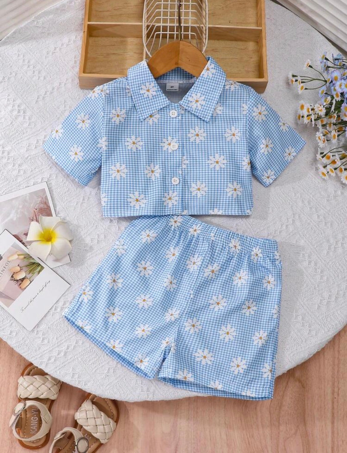 Plaid Print Daisy Shirt + Shorts 2 Pieces Outfit