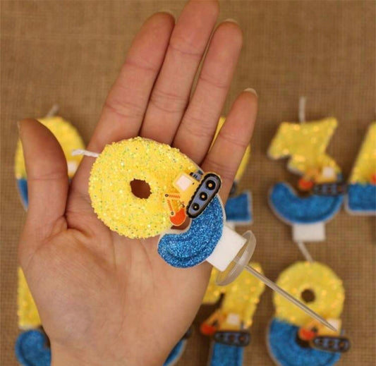Blue & Yellow Excavator Flashing Digital Birthday Cake Candles,