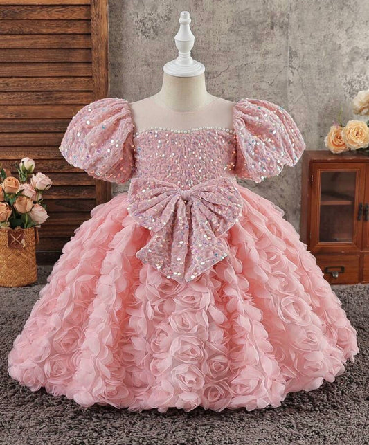 Sequined Bow Decoration And Three-Dimensional Flower Hem