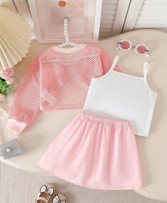 Camisole Pearl Flower Vest, Paired With Bow Pleated Skirt, 3-Piece