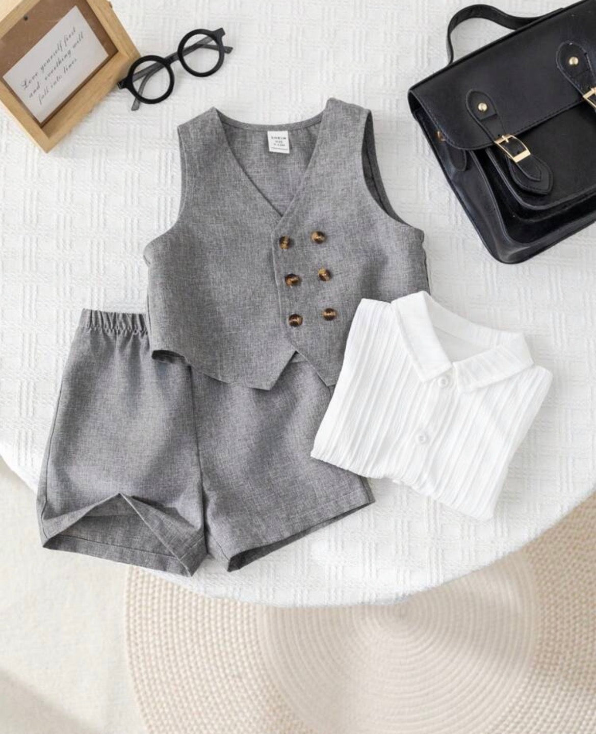 Korean Grey Double-Breasted Vest And Shorts Set